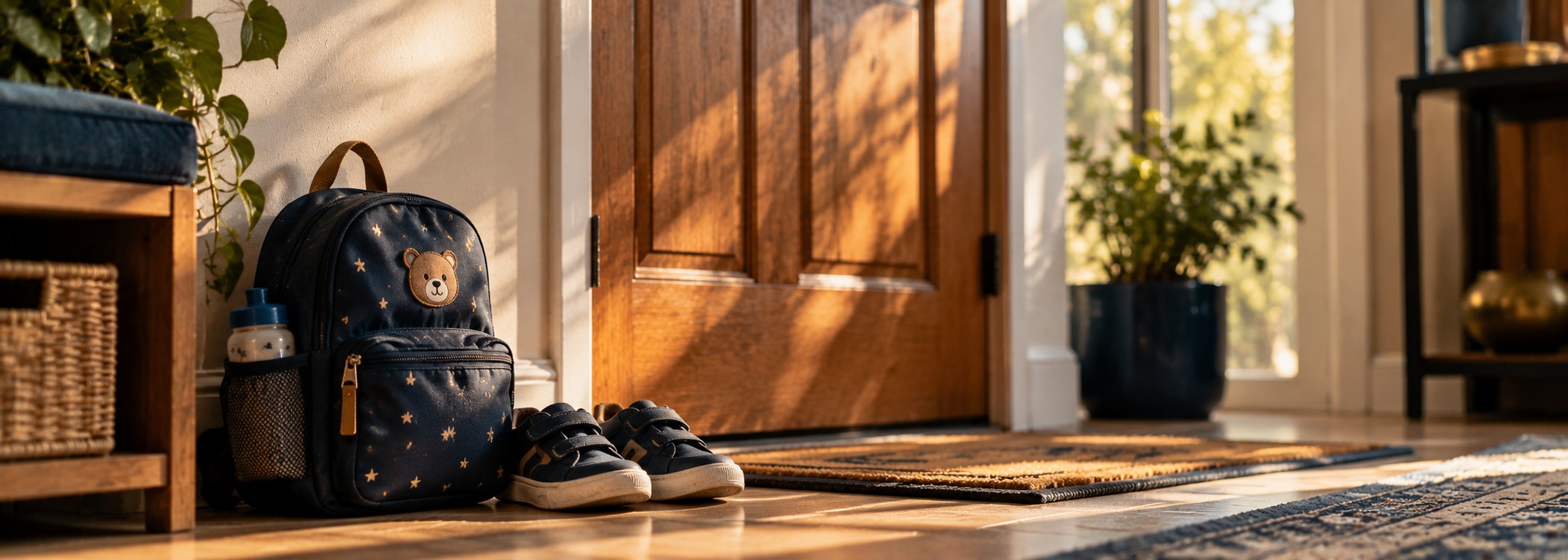 Mochila y zapatos de un niño junto a la puerta de entrada de una casa, iluminados por luz cálida de atardecer