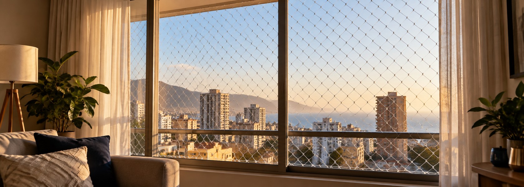 Ventana de un departamento con malla de seguridad instalada y vista a la ciudad, con luz cálida de atardecer