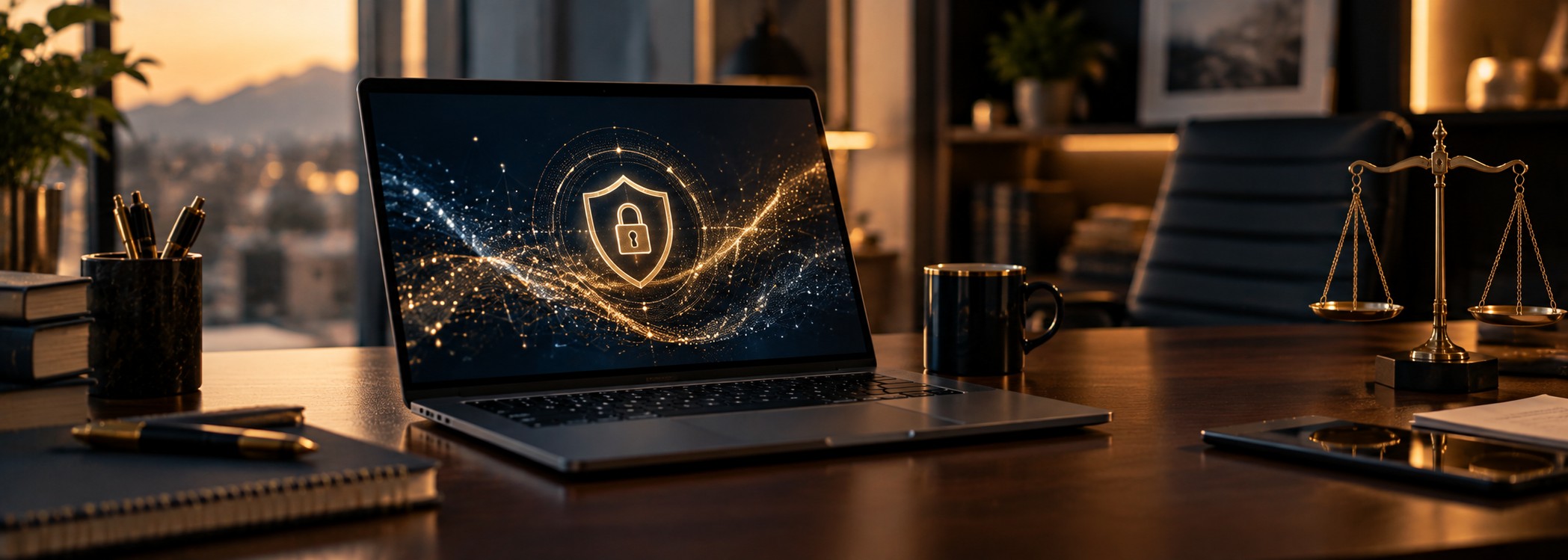 Laptop en un escritorio de oficina con un ícono de candado y escudo digital en la pantalla, en tonos azul y dorado