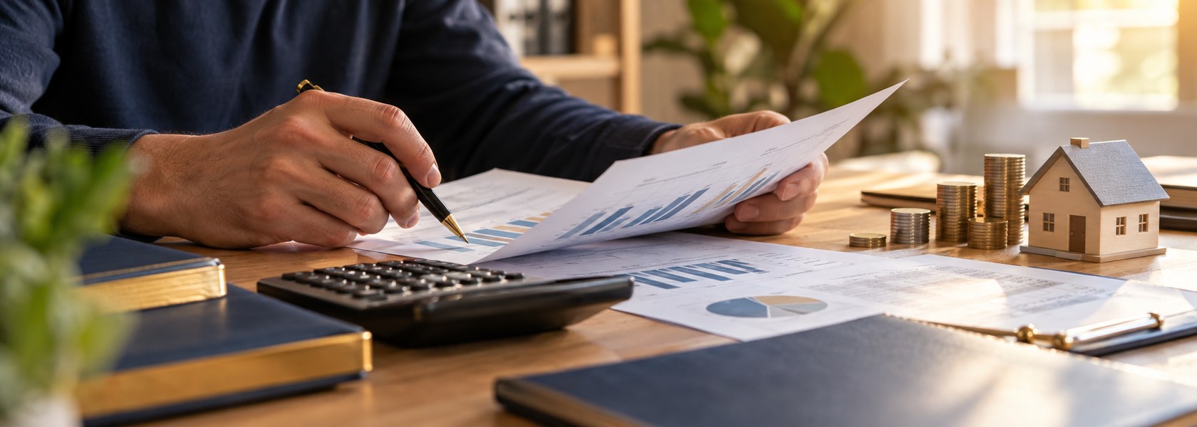 Manos revisando informes con gráficos financieros sobre un escritorio de madera, junto a una calculadora, monedas apiladas y una casa en miniatura