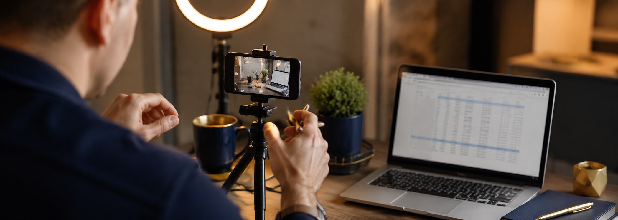 Persona grabando contenido digital con el teléfono en un trípode, junto a un computador con una planilla en pantalla