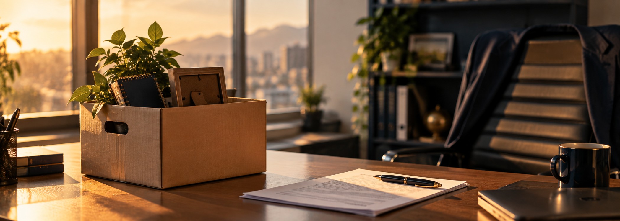 Caja con objetos de escritorio, documento y lápiz sobre una mesa de oficina, con luz cálida de atardecer